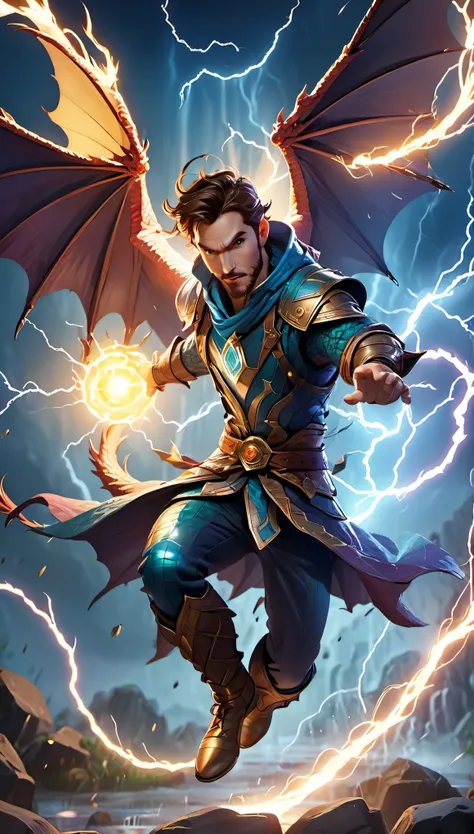 Flat coating，Vector illustration，lightning，Dungeons and Dragons，flying dragon，full body portrait，colorful，depth of field，8K，best quality，masterpiece，movie lighting，Super fine，super detailed，complicated，cinematic perspective，CG art，