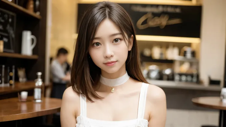 masterpiece, highest quality, 8K, person without order, (Upper body:1.4), stylish cafe,choker, beautiful girl, cute face, looking at the viewer, smile, Super realistic, High resolution, photograph, sharp focus, HDR, face light, dynamic lighting, movie ligh...