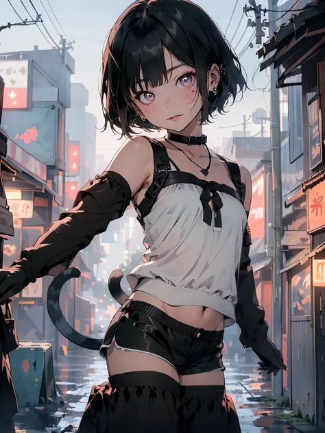 (looking at viewer,(from side:1.2),( head tilt:1.65),(leaning_back:1.25)),portrait,backlight,cyberpunk city,(ninja),(cat girl),(...