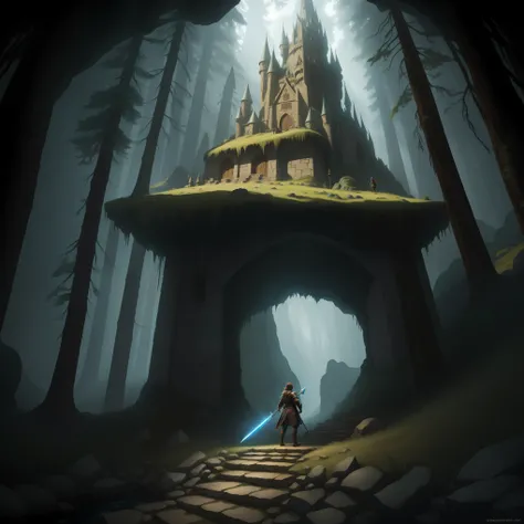 A heroic adventurer exploring a dark forest filled with mysterious runes and a magical crystal, inside a vast underground cave filled with ancient dragon, sword, shield, and an old castle. The scene is depicted in a fantasy art style, with vivid colors, sh...