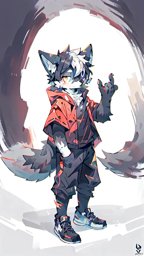 design of a ninja wolf, shades of colors, dark vibes, high quality, illustration, black backround, central composition, no legs, no torso, half body, ((scar on right eye), furry