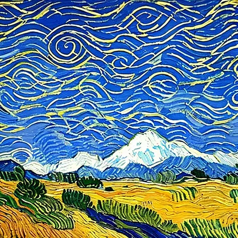 Van Goghs painting, navy, light blue, tangerine, white, Red, According to these colors, draw a picture, light and shadow, HD, Mountain, landscape, visual design