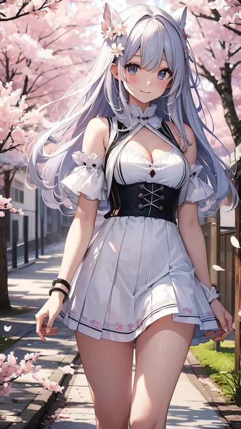 最high quality、best image quality、masterpiece、girl((18-year-old、 By becoming、vest bust、medium bust,wide open breast tea、shining eyes, silver hair、long hair、thin,highest valley、white see-through dress、White short skirt、Wristband、smile、back view、cherry blosso...