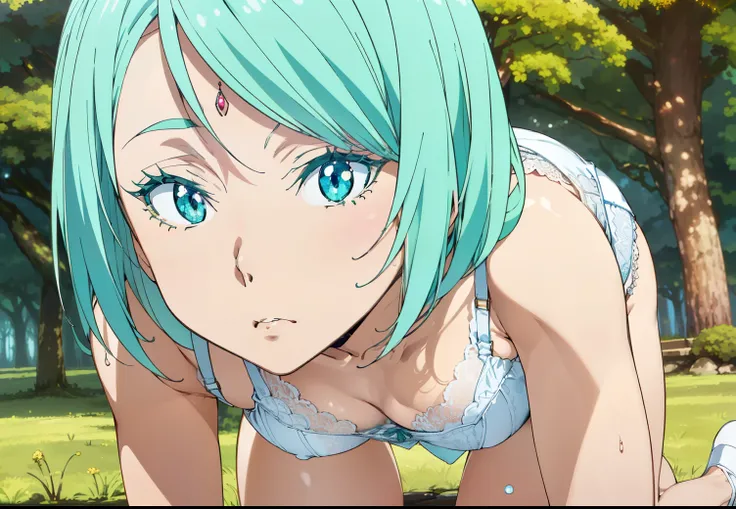 All fours,crawling ,slender limbs, delicate curves, dainty hands, tiny feet,Middle breast,(((beautiful thighs))) ,(Day:1.7), on the grass field,in the forest,blue sky ,from back,
(((Mjurran,realistic white lace bra,detailed white lace panties ))),
(((Green...