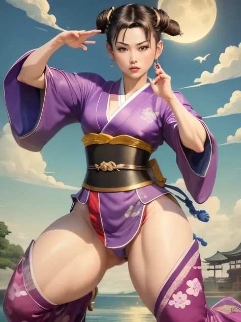 (masterpiece, top quality, best quality, official art, beauty:1.2),（The most detailed and clear facial features：2.0，facial contour：1.0，normal clear fingers:1.0） (1 Japanese Chunli:1.5), Very detailed,(Ukiyo-e艺术:1.1),(Ukiyo-e，colorful:1.1)(flowers:1.3),most...