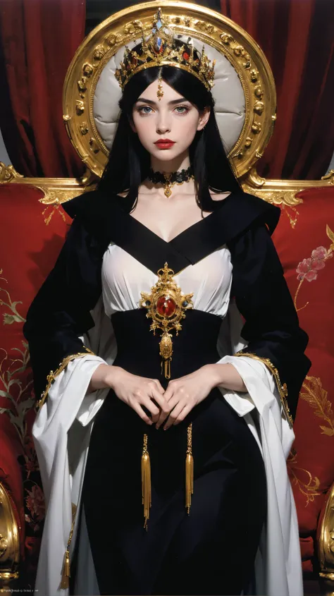 Depicted in the highest quality, ultra-detailed, and photorealistic style, the ethereal beauty of an evil empress is captured. As a theologian fanatic ruler, her elegance and charm are as striking as her manipulative and sadistic traits. Dressed in elabora...