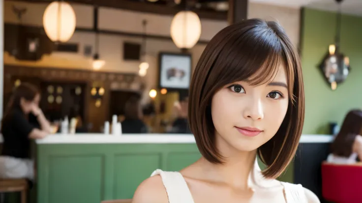 Realistic female beauty salon model,　bob style hairstyle japanese、Inside the cafe,　Japanese idol