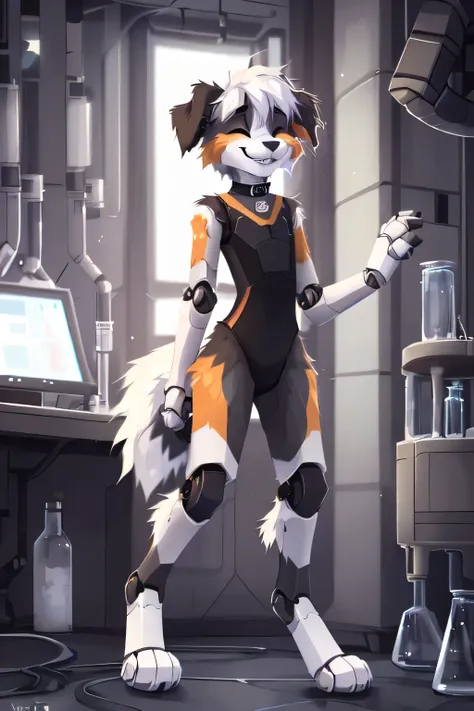 laboratory, ((by reysi)), furry, solo, ((australian shepard)), detailed dark fur, ((teen)), ((male)), ((full body)), ((robot dig...