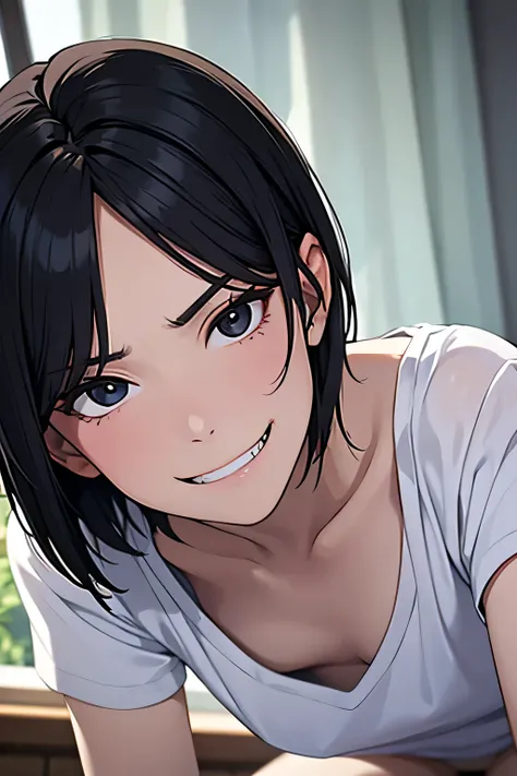 nsfw, sex:1.3, woman on top,masterpiece, High resolution, 高精細CG Unity 8K,realistic,Raw photo,Beautiful and dense face, white skin,skinny,flat chest,(black eye),black hair,(very short hair),(amount),Side undercuts,flowing bangs,(White V Neck T-Shirt),(blush...