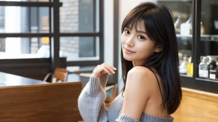 japanese woman, Beauty salon model 30 years old, slender body shape, small breasts, very thin waist, beautiful face, beautiful eyes, black short hair, She wears tight, Short gray knit dress with open back design., Sitting in a fashionable café, look back a...