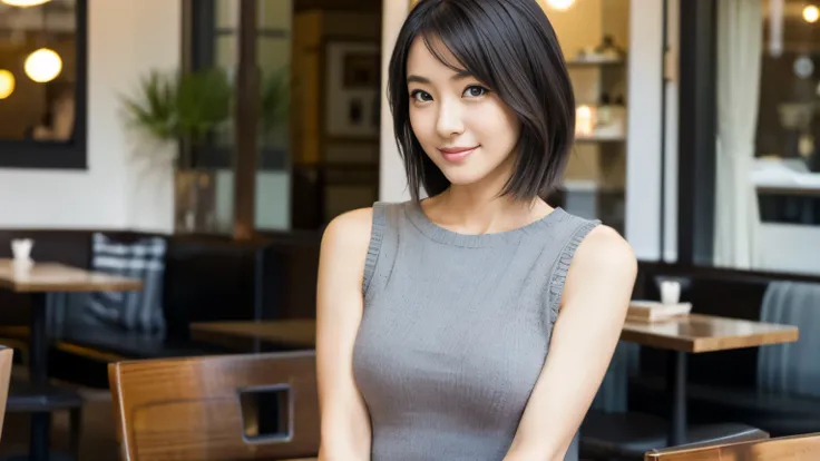 japanese woman, Beauty salon model 30 years old, slender body shape, small breasts, very thin waist, beautiful face, beautiful eyes, black short hair, She wears tight, Short gray knit dress with open back design., Sitting in a fashionable café, look back a...