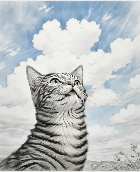 (PE pencil drawings:1.6), Cat and blue sky、spring sky and beautiful cat、Landscape photography of vast fields、(A view from below of the sky and the wilderness below)、Cat looking up at the blue sky and raising its right hand、Draw a big picture of the sky、ta...