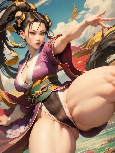 (masterpiece, top quality, best quality, official art, beauty:1.2),（The most detailed and clear facial features：2.0，facial contour：1.0，normal clear fingers:1.0） (1 Japanese Chunli:1.5), Very detailed,(Ukiyo-e艺术:1.1),(Ukiyo-e，colorful:1.1)(flowers:1.3),most...