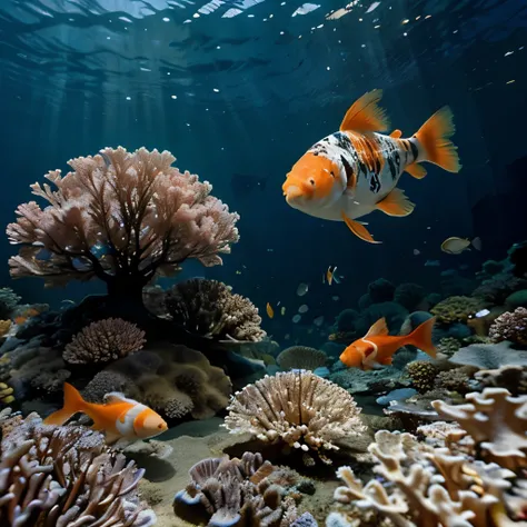 The beautiful underwater sea is filled with colorful corals.,group of goldfish,koi fish,fighting fish,Beautiful patterns swim around.