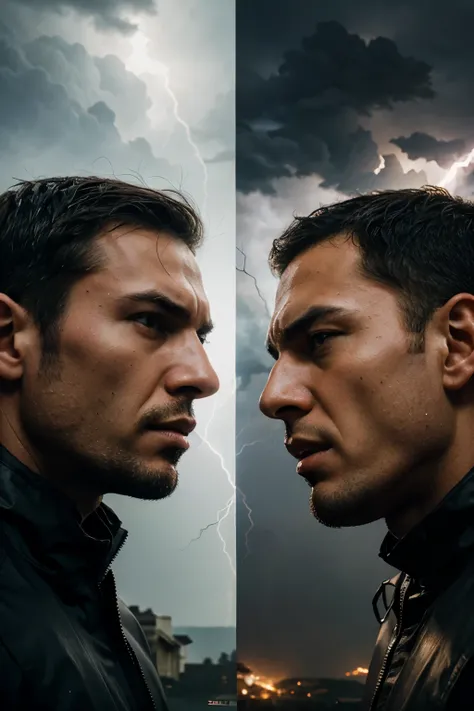 Face shot close, two very strong men angry enemy face to face separated by lightning