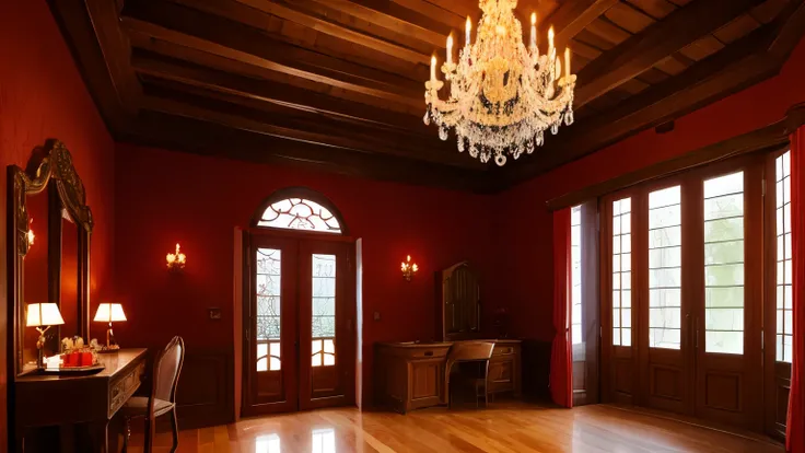 Spanish style room, night setting, wooden floors, wooden ceiling, chandelier, big windows, red wallpaper, rose, wooden vanity, warm ambience