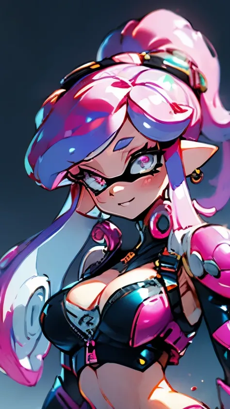 masterpiece、highest quality、High resolution、4k、1 beautiful girl、girl、splatoon inkling, tentacle hair、ink bomb、(((Upper body)))、Beautifully depicts the face、silver tentacle hair、ponytail tentacle hair、Large pink ribbon、sharp outline、golden eyes、Big eyes、cut...