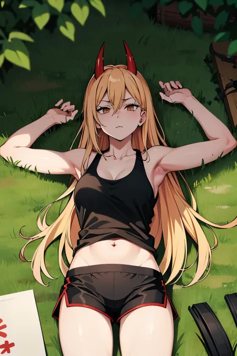 power, chainsawman anime, red horns, yellow hair, laying on the grass, white tank top, (woman boxer black shorts), scars on the ...