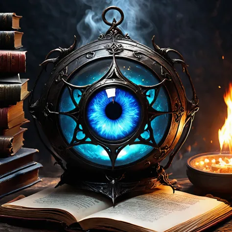 (best quality:1.2,ultra-detailed,realistic:1.37),monster,behemoth,demonic presence,magic,levitating cookbook,central eye, enormous eye,sinister,cauldron,fire,adventurers,caged,Dungeons&Dragons,menacing,shadowy,restrained,magical aura,creepy atmosphere,omin...