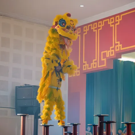 araffe is performing a lion dance in a brightly colored room, chinese dragon, yellow dragon head festival, on his hind legs, smooth chinese dragon, chinese ribbon dance, traditional chinese, chinese style, chinese, china silk 3d dragon, chinese costume, a ...