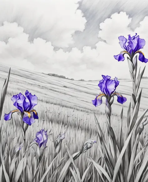 (pe pencil drawings:1.6),  iris and blue sky、spring sky and beautiful purple iris flowers、landscape photography of vast fields、（...