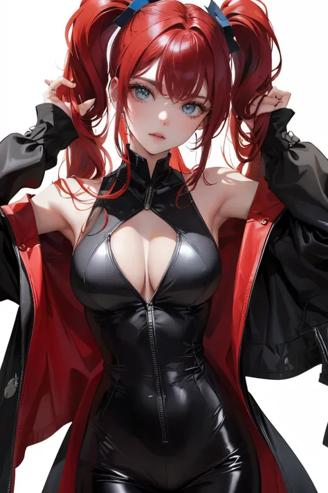 (highest resolution, clear_image) highest quality, a females masterpiece, very detailed, semi-realistic,(most of the body), (highest quality, masterpiece, Super realistic),deep red hair, wolf cut, Torn black bangs, open jacket, shadows on the eyes, short h...