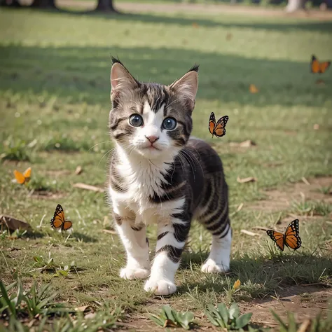 Little kitten walking on the grass, plays with butterflies