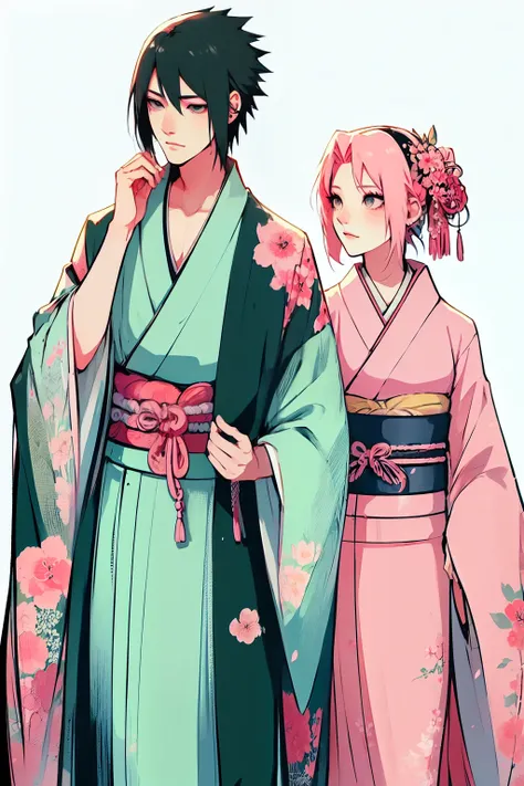 Sasusaku. Sasuke, the tall, handsome man with chiseled features, piercing black eyes, and black hair. Hes wearing a kimono, hes a prince. The woman is sakura, equally stunning with soft features and delicate features, her hair is short and pink that falls ...