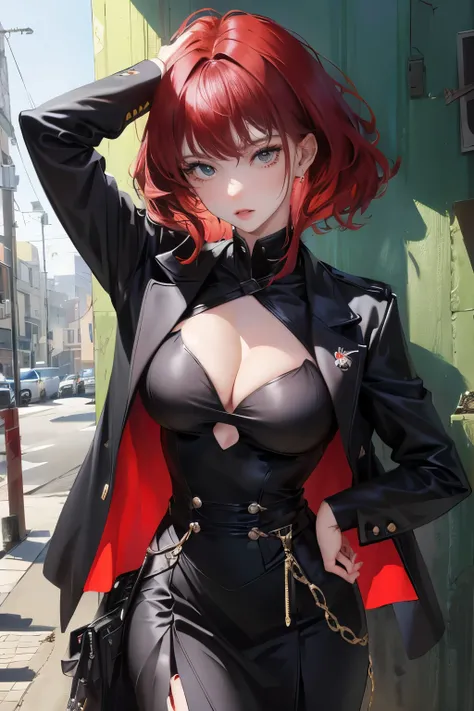 (highest resolution, clear_image) highest quality, a females masterpiece, very detailed, semi-realistic,(most of the body), (highest quality, masterpiece, Super realistic),deep red hair, wolf cut, Torn black bangs, open jacket, shadows on the eyes, short h...