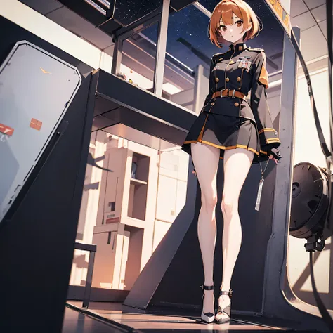 (solo), 1 childish girl standing in space ship, galaxy in distance, military uniform, very short skirt, orange short hair, long sidelocks, narrow shoulders, narrow waist, skinny long legs, thigh gap, pigeon toed