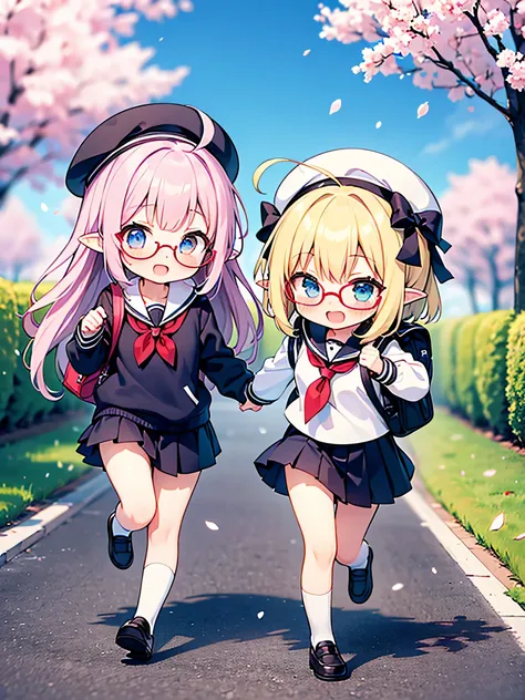  comical, (chibi), short hair, long hair, 2girls, hand to hand, happy smile, glossy blonde hair, blue eyes, beautiful detailed eyes, tareme, ahoge, glasses, pointy ears, blush, school wear, :d, :o, full body, school bag, jumping, running, sakura background...