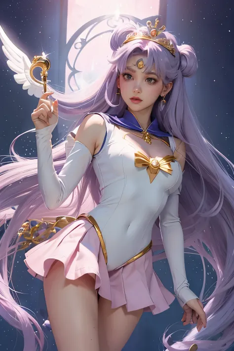 femme sailor moon, buste moyent et couvert, uniforme sailor moon, kawaii, cheveux rose, bleu, mauve en pastel très long, christal castle, vibrant avec 4 longues aile dange dans le dos, immense sceptre argenté, huge gold crystal, silver crown on the head