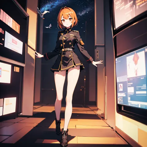 (solo), 1 childish girl standing in space ship, galaxy in distance, military uniform, too short skirt, orange short hair, long sidelocks, narrow shoulders, narrow waist, skinny long legs, thigh gap, pigeon toed, (nsfw:0.3)