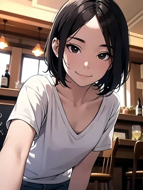 selfie:1.1、smile、leaning forward、from the front、drinking alcohol at a pub、masterpiece, High resolution,High-definition CG Unity 8K,realistic,beautiful and detailed face, white skin,detailed hair textu1 girl,black eyes,skinny,flat chest, black hair,very sho...