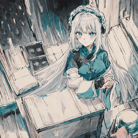 Virtuous person, Sophia Clauwin, lolita, Victoria ega, anime girl, medieval, white hair and Teal eyes, Black socks,Tunic, blood mist, alchemist