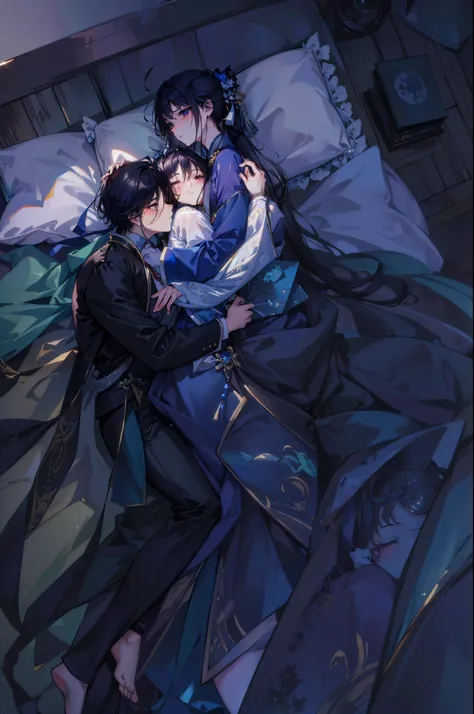 super high quality，masterpiece，Two handsome men and a woman hugging each other on the bed, through new art, artistic, author：Naka Bokunin, Lingchang, Lingchang art, Fan painting”, He held her while she slept, High quality fan art, Official fan art, author：...