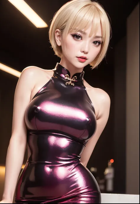 ((japanese idol))　40 years old　Blonde short hair with bangs　((smoky makeup black eyeshadow))　plump cheeks　((Bright red rouge plump lips))　big breasts　Big eyes　Cyberpunk Bar　((Super shiny metallic red long cheongsam dress))　fat body　 masterpiece　8K　Drawn fr...