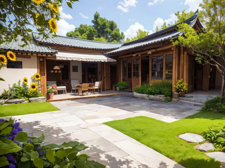 ，masterpiece, best quality，8K, ultra high resolution，Stroll the grounds，The fragrance of flowers in the garden welcomes the garden，The joyful sounds of cicadas and birds chirping in my ears。The rustic courtyard dominates the strong natural atmosphere，Sunfl...