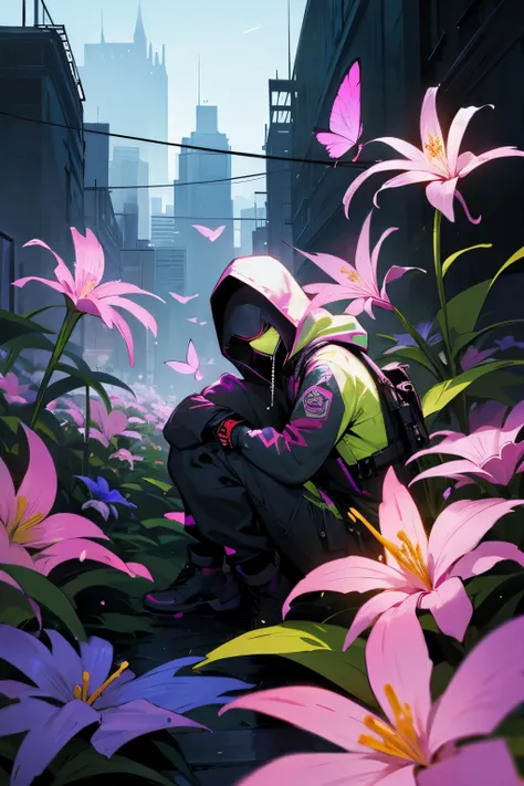 masterpiece,best quality,8k,accurate lighting,male,infected by colorful flower,half of body takeovered by flower,numerous plant growing on his body,plant body,techwear,hoodie,holding a pocket knife,buttefly knife,dystopia city