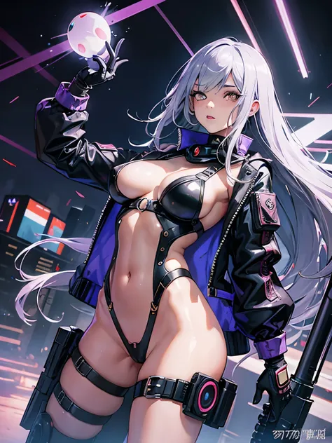 female naked cyborg,dynamic angle,NSFW,Sniper,erotic pose,fantasy,erotic anime,inspired by Takashi Murakami,stylish,pussy,big breasts, pubic hair,Glamour,bright tones,,Psychedelic costumes,armored,cyberpunk dystopian girl,fantasy dystopia,dystopian landsca...