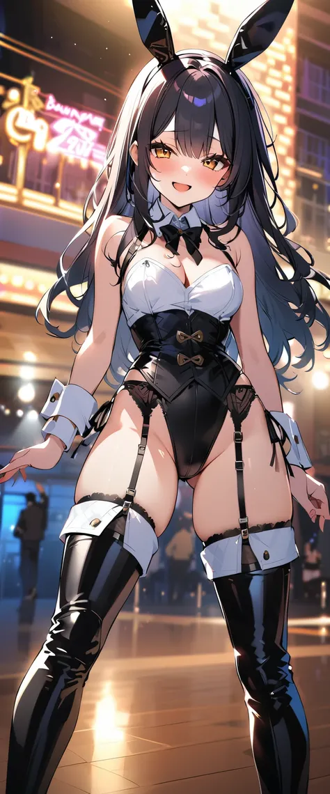 woman,20-year-old,,party venue,night,(((Bunny girl))),open mouth smile((leather thigh high boots))(garter belt),((black hair)),blush、,(())()