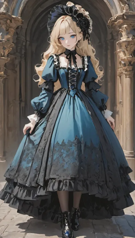 woman wearing dress and boots ,small face、 baroque dress, wearing an elaborate steampunk dress, elegant gothic princess, victori...