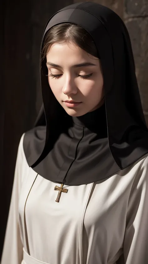 Young nun, shy, eyes closed, Surrealism, from above, 8k, super detail, highres, textured skin, anatomically correct