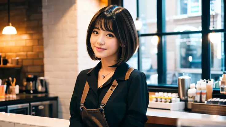 ,beauty salon model,haircut model woman，Photographed inside the cafe,Stylish cafe in New York,Japanese idol