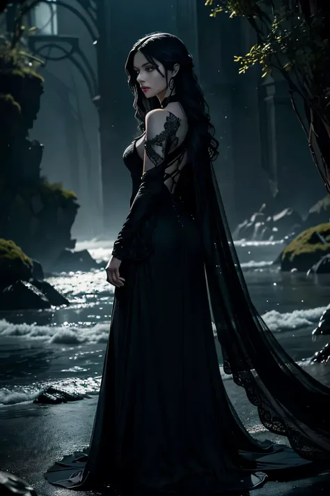 Lysandra Blackthorn emerges from the shadows, a figure of both elegance and danger. Her slender frame is cloaked in a gown of midnight black, the fabric flowing like liquid around her as she moves. The gown is adorned with intricate lace detailing and shim...