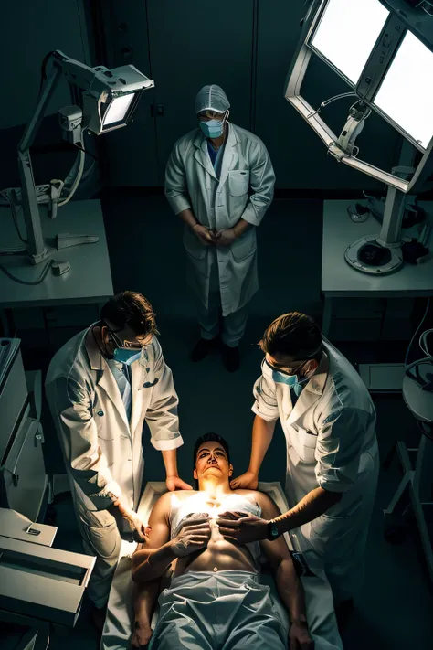 Title: Aerial View of Surgeons in Operation: Eerie Atmosphere

Description: Generate an image portraying an aerial perspective of men in white coats performing surgery in a dimly lit environment. The scene should depict a surgical theater with a somber amb...