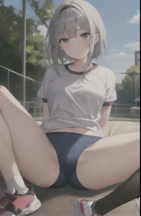 1 girl,alone,Youmu,white shirt,white socks, Gym suit,Dark blue bloomers, sports shoes, sitting, spread legs,schoolyard,outdoor, blue sky,Sweat, front elevation
break
(masterpiece, highest quality,Super detailed,)