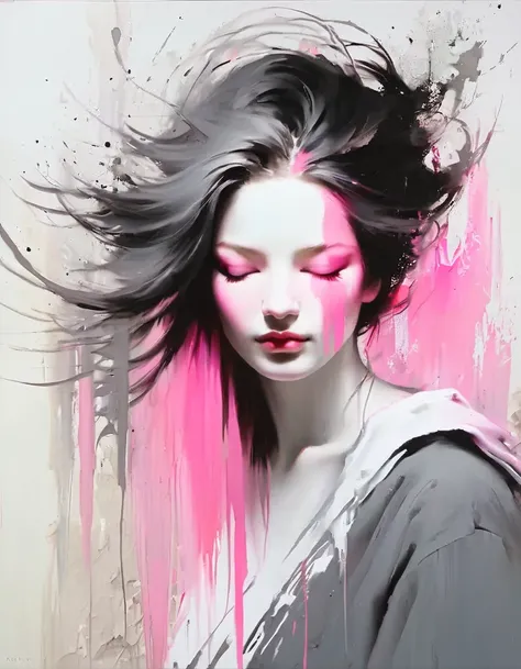 glitch style，white on white painting of a faceless woman with no eyes, nose or mouth, her face is gone, just a smear, her hair is wild and fades into the canvas, hard thick brush strokes, rusty debris, dark gray and pink, candid portraits, layered transluc...