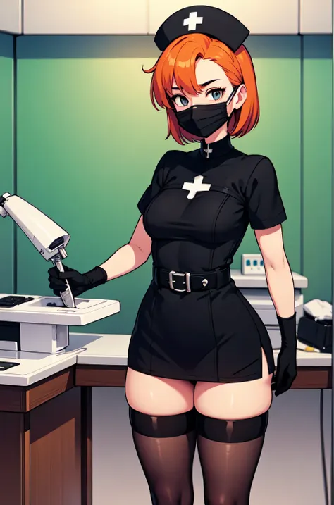 black nurse, 1girl, solo, black nurse cap, black nurse uniform, ((black legwear, zettai ryouiki)), black elbow gloves, very shor...