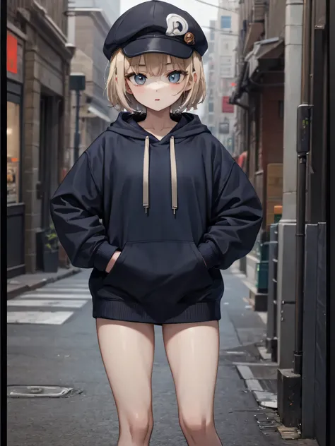 masterpiece,1girl,solo,short hair,blue,hoodie, mob cap, street,hand on hip, hand in pocket,looking at the viewer　short height The photo shows everything from the head to the thighs.